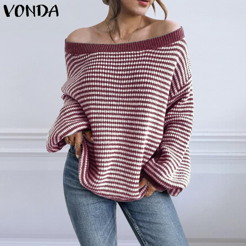 VONDA Женские осенние пуловеры и джемперы с открытыми плечами, длинными рукавами и полосатым узором