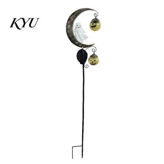 Waterproof Wrought Iron Lawn Ornaments Solar Halloween Metal Garden Stake Light, Auto On/Off Crescent Moon Black Cat with Hanging Powered Pathway
