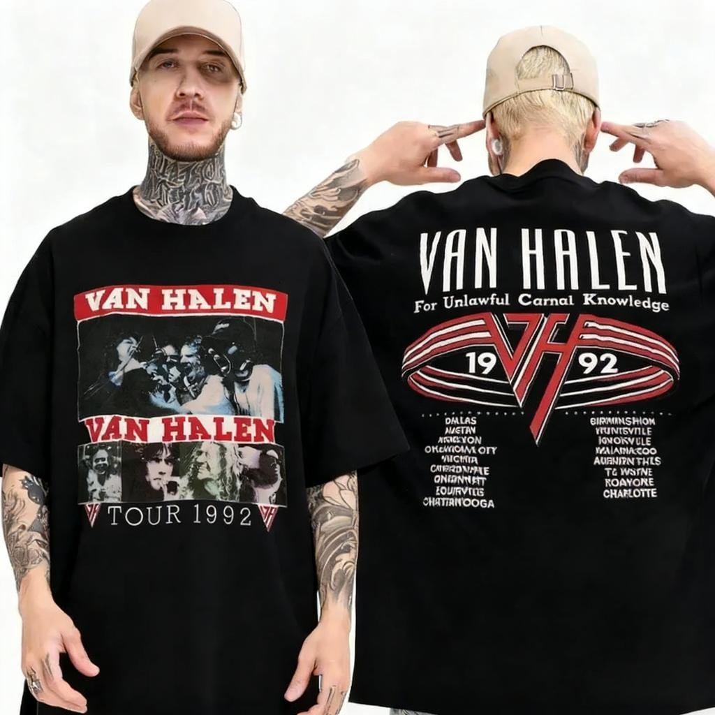 Van Halen Тур 1992 для Фанатов Плотный Хлопок Белая Футболка Свободная и Дышащая Мужская и Женская Одинаковая С Круглым Вырезом Чистый Хлопок Футболка
