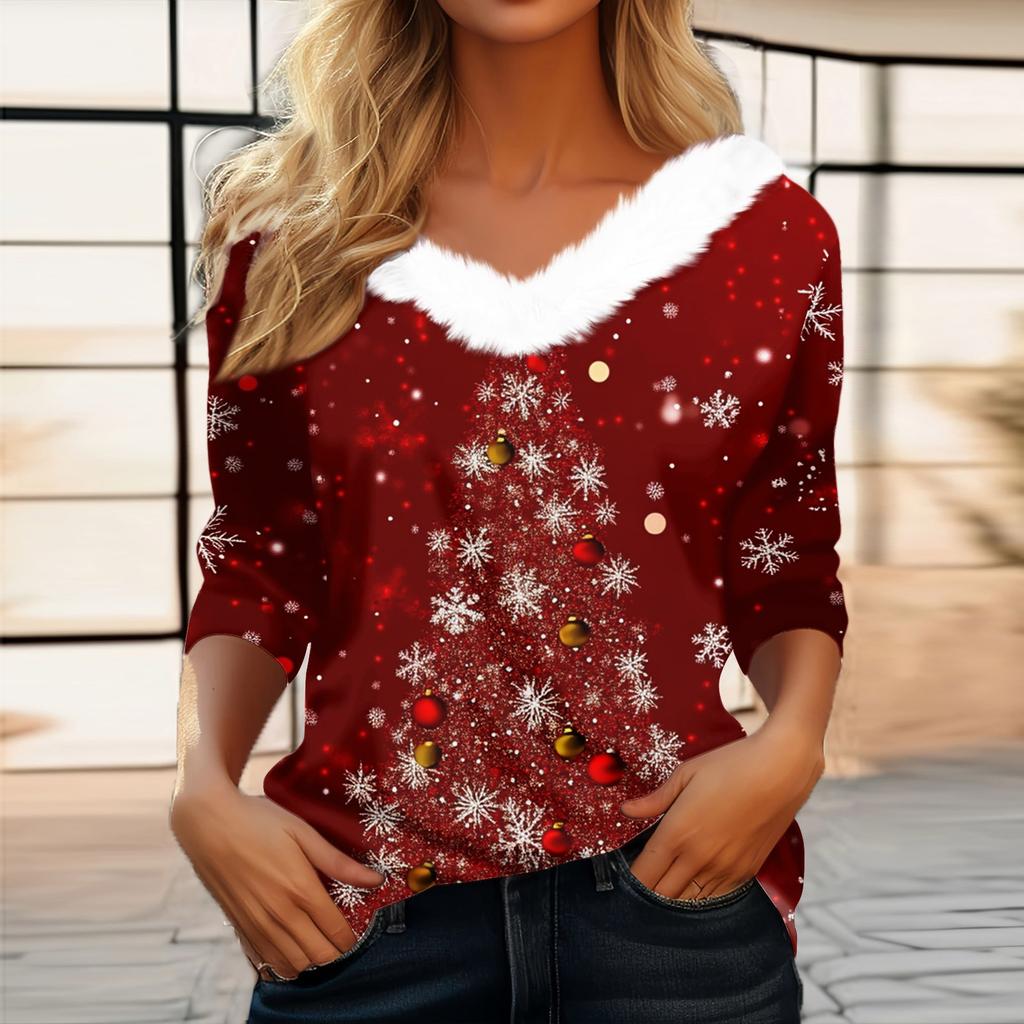 Женская мода с длинным рукавом и рождественским принтом, праздничный воротник, V-образный вырез