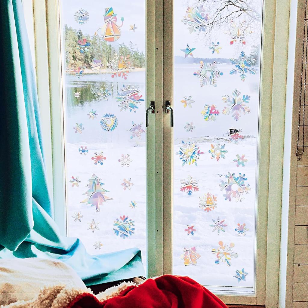 WATINC Winter Snowflakes Rainbow Window Clings - 47Pc Snowmen Tree Anti-Collision Holiday Window Decals to Save Birds, Reble Non-Adhesive Stickers
