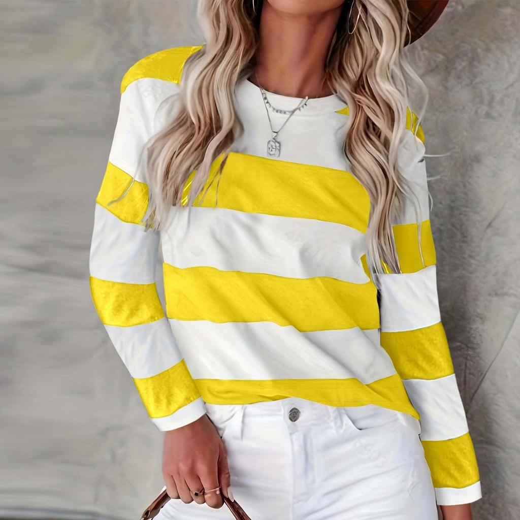 Женская модная повседневная полосатая футболка с круглым вырезом и длинным рукавом