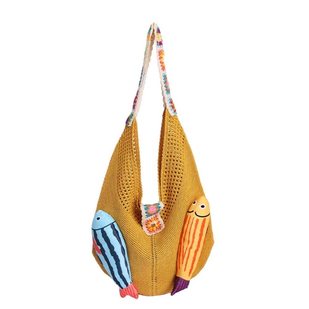 Fish Cotton Crochet Shoulder Bag Summer Tassels Beach Handbag Hollow Out Woven Bag Shopping Bag