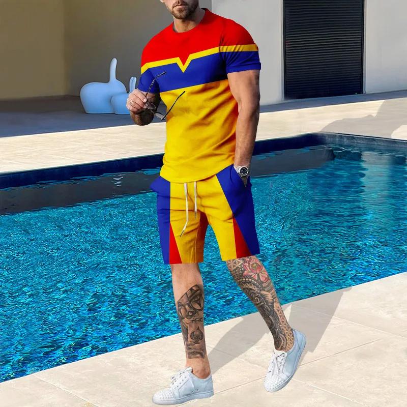 Мужской спортивный костюм для отдыха, фитнеса, летний дышащий освежающий короткий рукав, свободная мужская рубашка, костюм в стиле Y2K