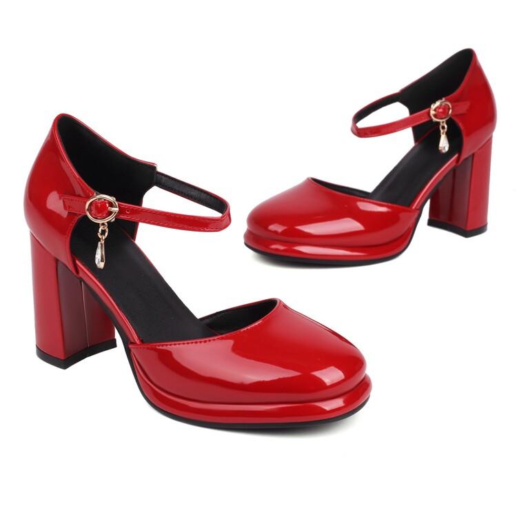 FOREADA Women Pumps Thick Super High Heels Round Toe Mary Janes Crystal Party Sexy Spring Autumn Shoes Red Black Dark Blue