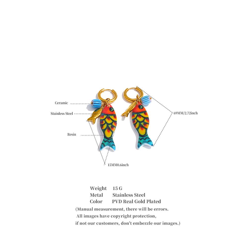 Yhpup Stainless Steel Colorful Resin Fish Drop Earrings for Women Ocean Style Golden PVD Plated Vintage Fashion Jewelry Trending