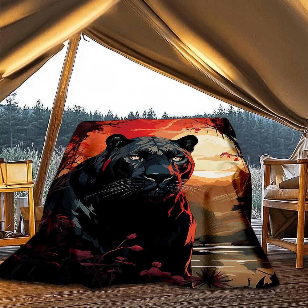 1pc Panther Sunset Jungle Throw Blanket Polyester Fiber, Lightweight Flannel, Soft & Warm, All Season Use for Outdoor, Camping Digital Print