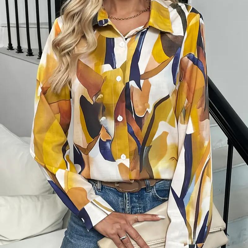 Женская элегантная блузка на пуговицах с геометрическим узором и воротником-лацканом - рубашка с длинным рукавом из 100% полиэстера - на все сезоны