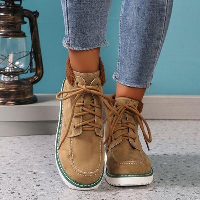 Мода 2024 года, горячая распродажа обуви, женские ботинки на шнуровке, женские зимние ботинки с круглым носком, сплошной флок, теплые, на платформе, водонепроницаемые, короткие, с бочонком