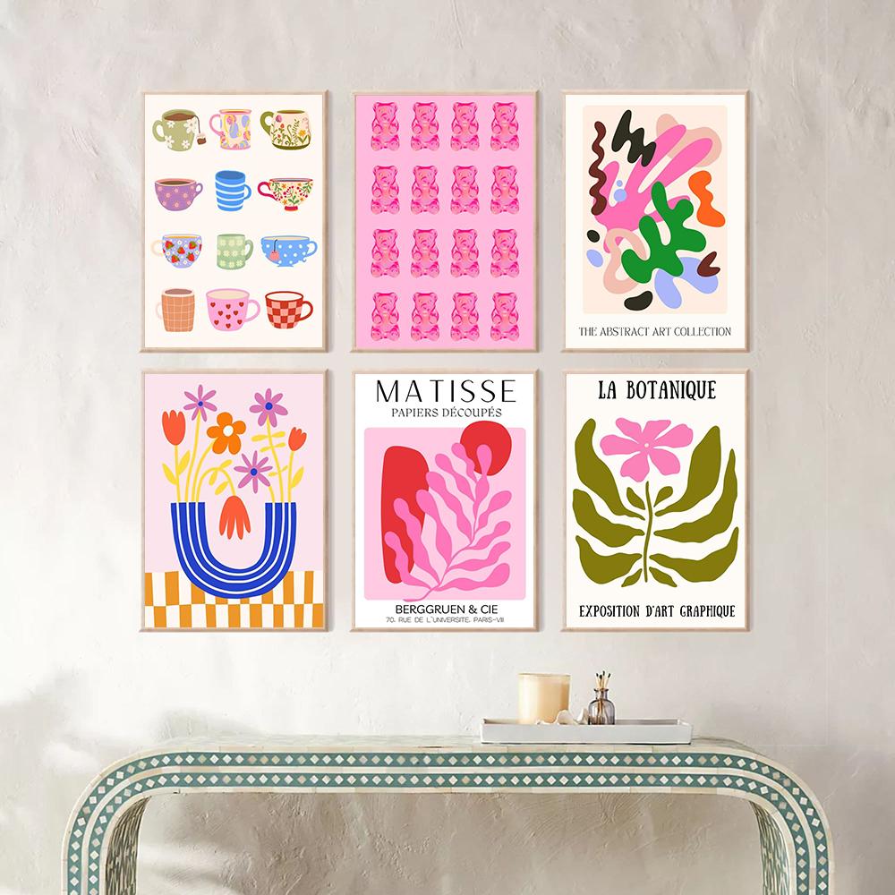 Colorful Pastel Canvas Painting Aesthetic Posters Pink Bear Abstract Art Flower Butterfly Prints Wall Nursery Living Home Decor