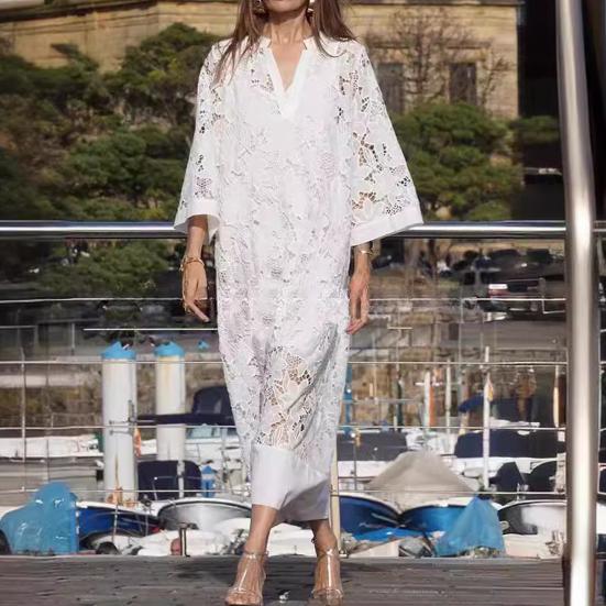 Fall Women Dress Hollow Lace Crochet Patchwork Double-layer V Neck Loose Three Quarter Sleeves Floral Embroidery Ankle Length Commuting Dating