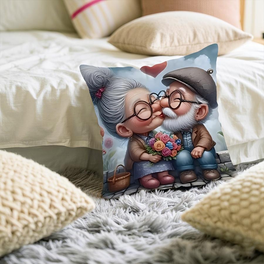 Cute Kissing Elderly Couple Pillow Cover Romantic Grandparents Love Print Cushion Case For Sofa Couch Anniversary Home Decor