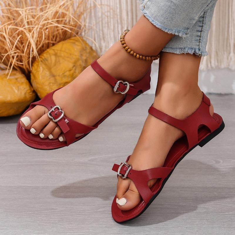Minimalist Roman Sandals Women's Summer New Round Toe Metal Buckle Versatile Soft Sole Non-slip Strap Plus Size Flats
