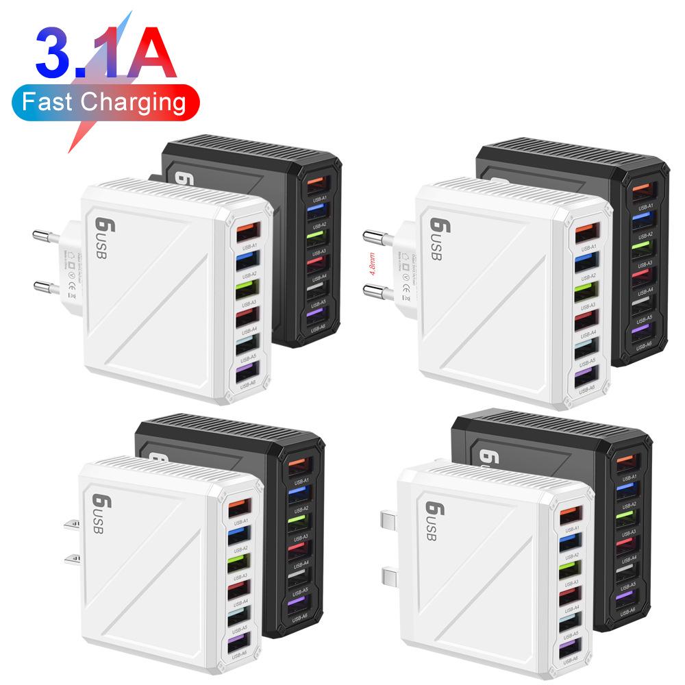 6-портовое USB-зарядное устройство 3,1 А с адаптерами для розеток ЕС, США, Великобритании, Кореи