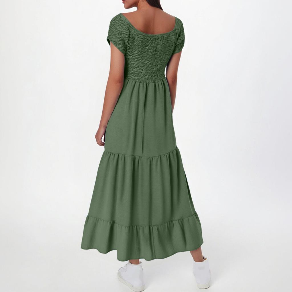 Women's Fashionable Solid Color Pleated Layered Short Sleeved Large Hem Dress