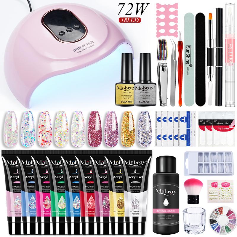 Mobray Poly Nail Gel Set Nail Extension Glitter Gel With 72/6W UV LED Lamp Nail Building Jelly Nail Gel Polish Set Manicure Tool