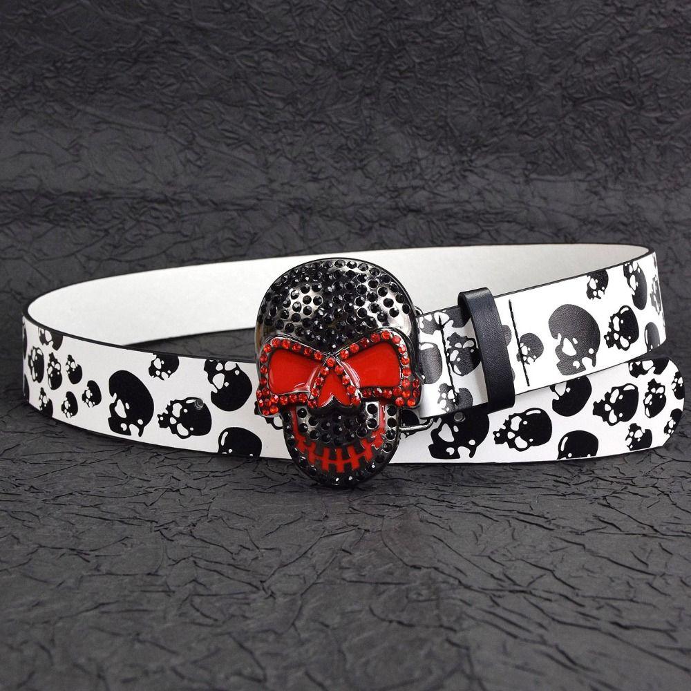 Rhinestone Skull Print Belt Pu Leather Halloween Skeleton Waistband Belt Accessories