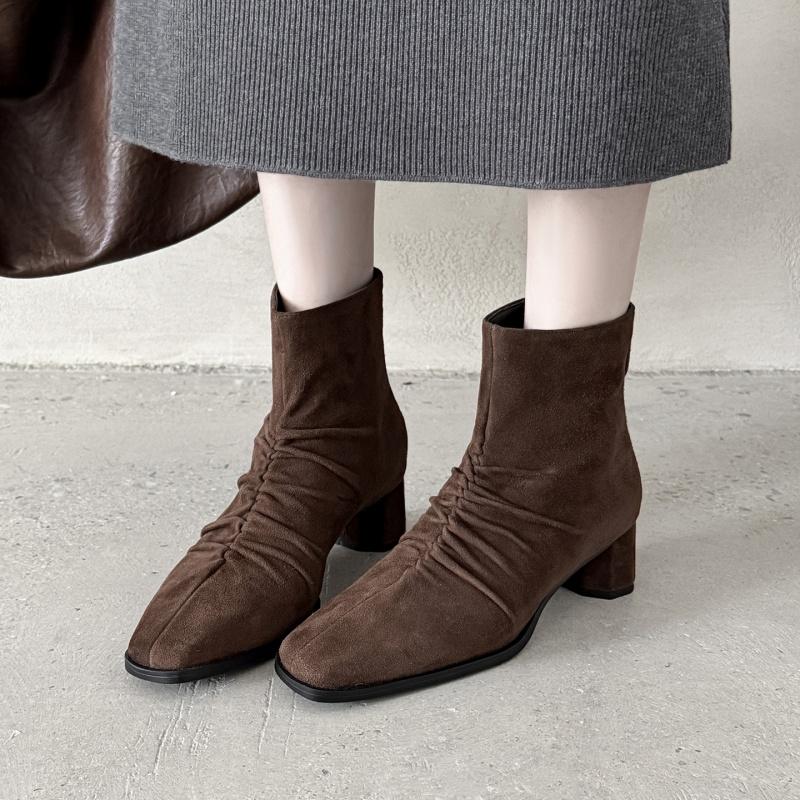 Мода 2025 Зимняя Женская Обувь Натуральная Кожа Женские Сапоги До середины икры Современные Сапоги Женские Однотонные На среднем каблуке Женская Обувь Плиссированная