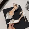 Luxury Pearls Bowknot Pumps Ankle Strap Silk Stiletto High Heels Women Sexy Pointed Toe Bride Party Wedding Dress Shoes