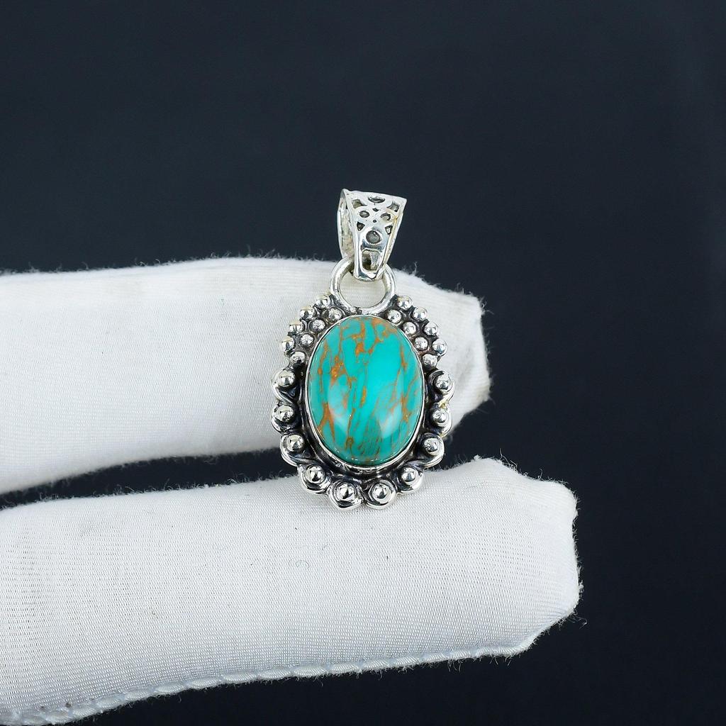 Natural Turquoise Gemstone Silver Pendant In 925 Sterling Silver- Handmade Design, Everyday Wear Jewelry, Unique Pendant Father's Day Gift