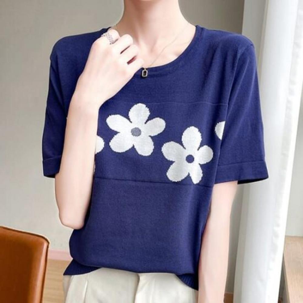Navava Women Flower Point Short Sleeve Knit Tee Nk3037