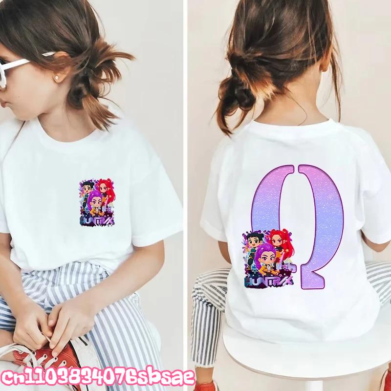 Hot Fashion Girls Boys T-shirts A-Z 26 Letter Kpop Demon Hunter HuntrX Graphic Kids Tops Short Sleeve Tees Shirts Child Clothing