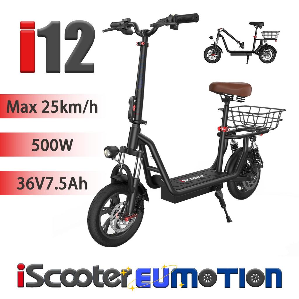 iScooter I12 Folding Electric Scooter with 12" Large Wheel, Rear Basket, Seat, 500W Motor, 36V7.5Ah Battery, LED Display, Disc Brakes