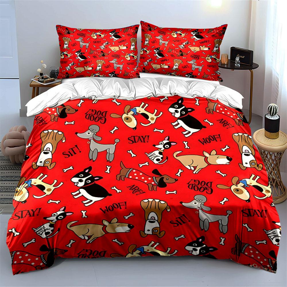Playful Dog-Themed Fabric Design kid's and adults' bedroom decor, Exquisite three-piece bedding set gift