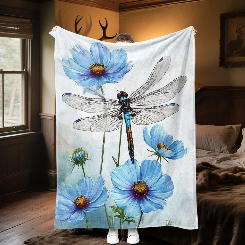 1PC Dragonfly FlowersOutdoor Flannel Blanket - Soft Plush Decor for Picnics, camping, Bedroom, Playroom, Office, or Lunch Break 1224A