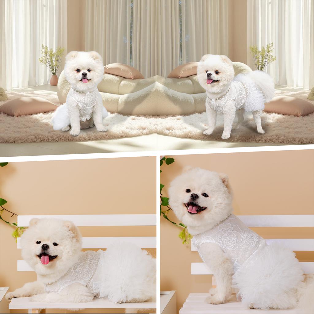 White Dog Dress Puppy Luxury Lace & Pearl Skirt Dog Clothes Princess Dresses Wedding Classic Dress Tutu Skirt for Small Dogs Cat