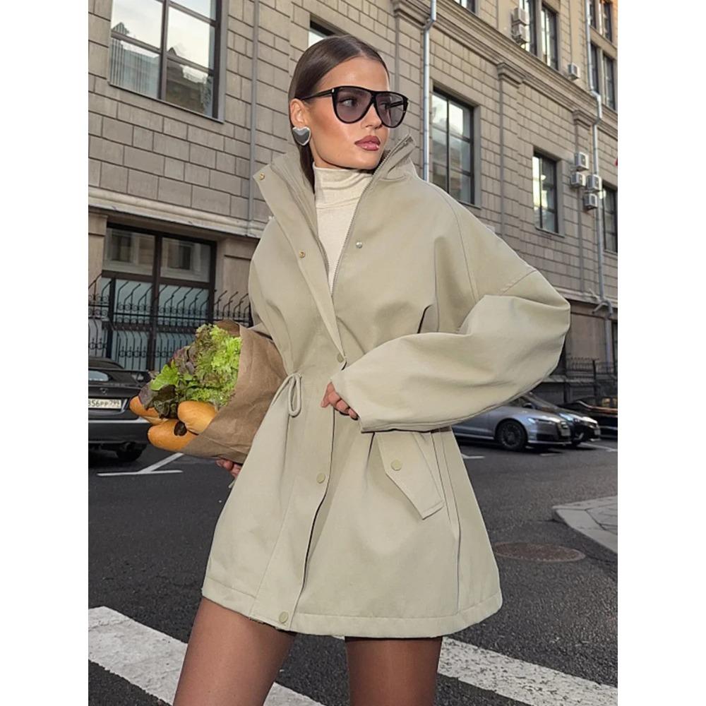 Женский Тренч Средней Длины с Воротником-стойкой, Пояс на Шнурке, Осенне-Зимние Пальто, Хлопковая Верхняя Одежда
