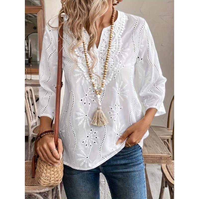 Autumn Loose-fitting V-neck Temperament Commuter Embroidered Flared Sleeve Lace Blouse Chiffon Shirt