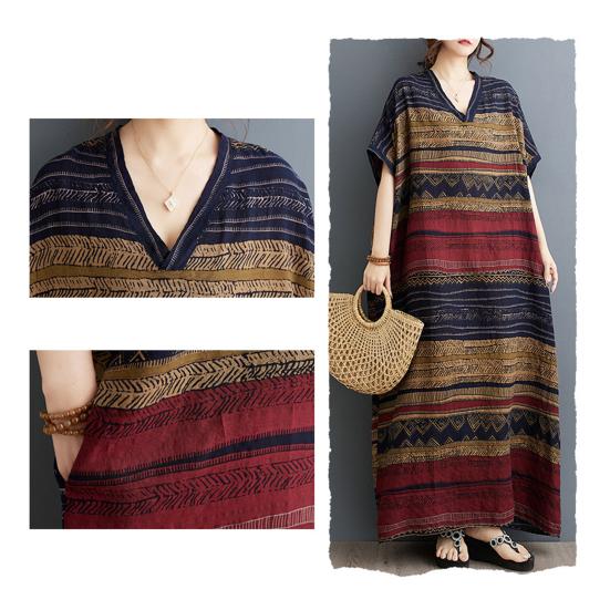 Хлопково-льняное платье макси большого размера для женщин, свободное, с V-образным вырезом и короткими рукавами