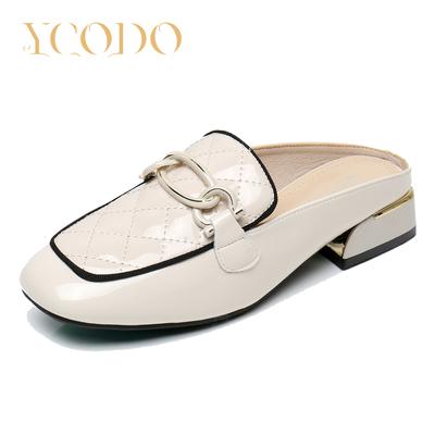 Кожаные тапочки на среднем каблуке на полу-перетаскивании Яркие кожаные туфли Летние мягкие подошвы с мягкой поверхностью Удобная женская обувь Женская крутая обувь