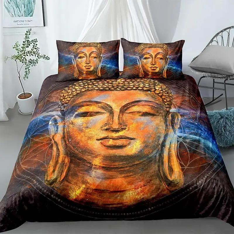 Buddha Duvet Cover Collection King Size Exotic Ethnic Bohemian Bedding Collection Microfiber Golden Buddha Statue Print Gorgeous Quilt Cover