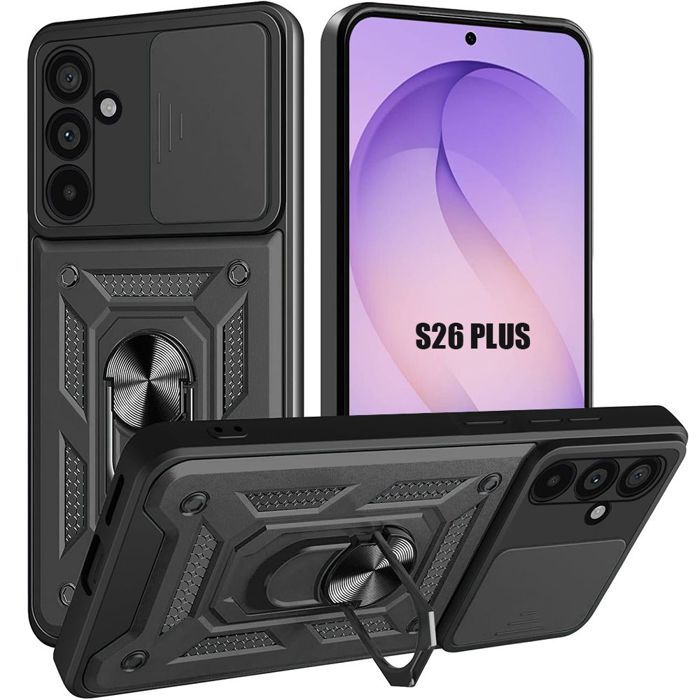 Coque pour Samsung Galaxy S26 Plus, Rigide avec Anneau et Protection Objectif Coulissante - Noir
