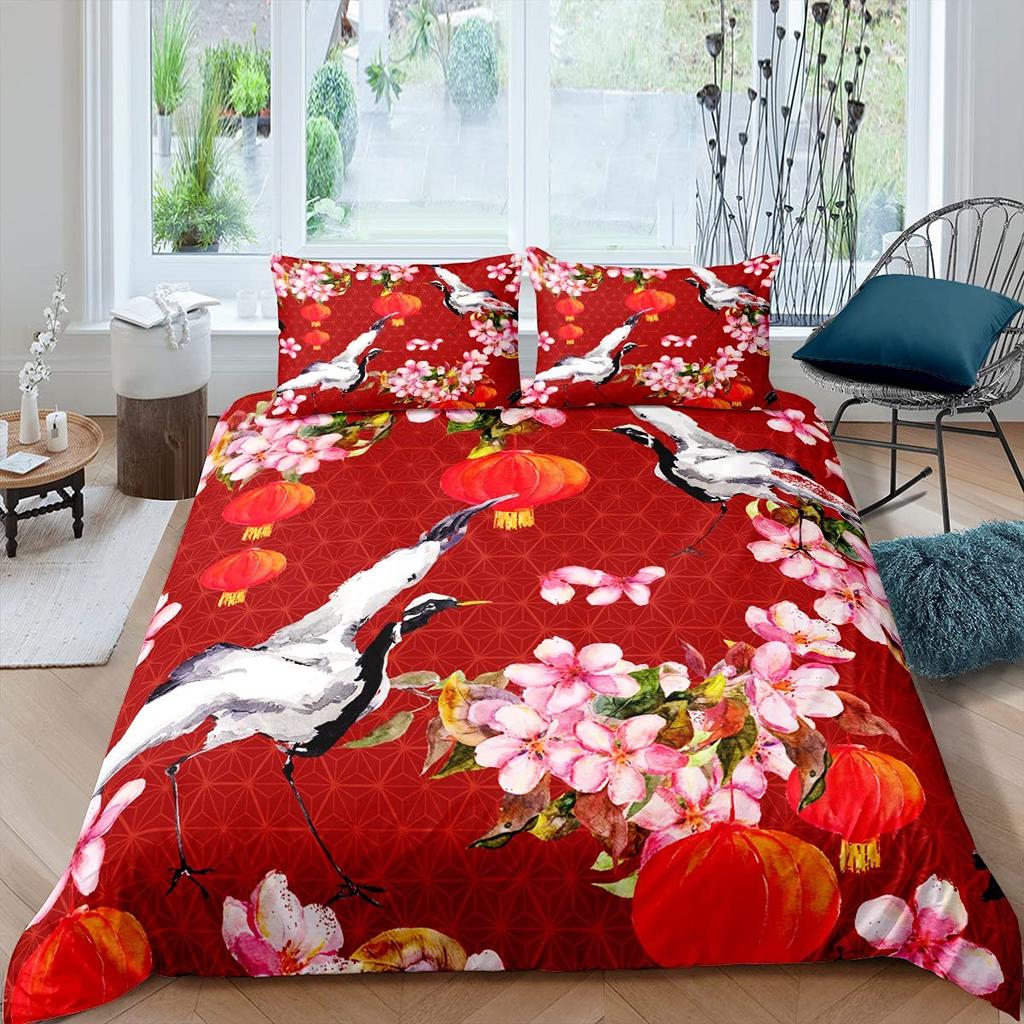 Crane Bedding Set Girl Cherry Blooming Fuji Mountain Sun Duvet Cover Kids Women Lotus Floral Comforter Cover Watercolor Decor