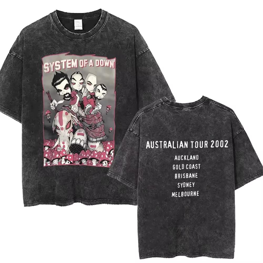Washed Vintage System of A Down Tshirt Men Women Cotton Quality Short Sleeve Tees Male Rock Music Band Cartoon Graphic