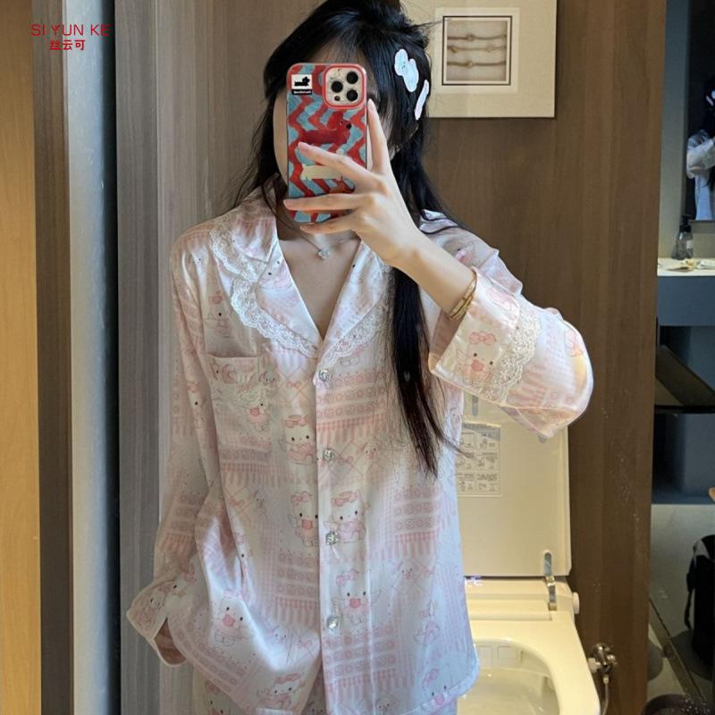 [kt angel] women's pajamas 1011 new spring and summer ice silk long-sleeved cat sweet and cute style loungewear