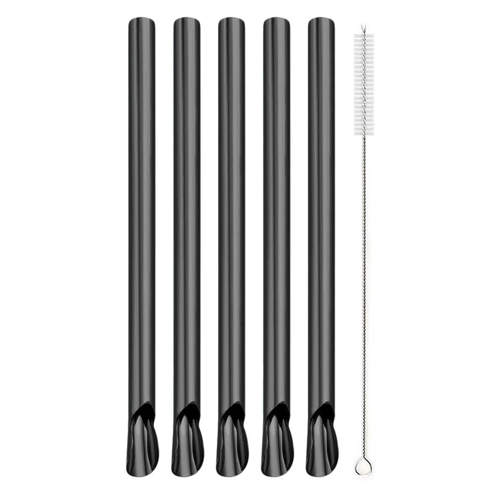 6Pcs 304 Stainless Steel Reusable Straw Set Pearl Milkshake Bubble Tea Straw with Brush Stirring Smoothie Spoon Shaped Straw Set