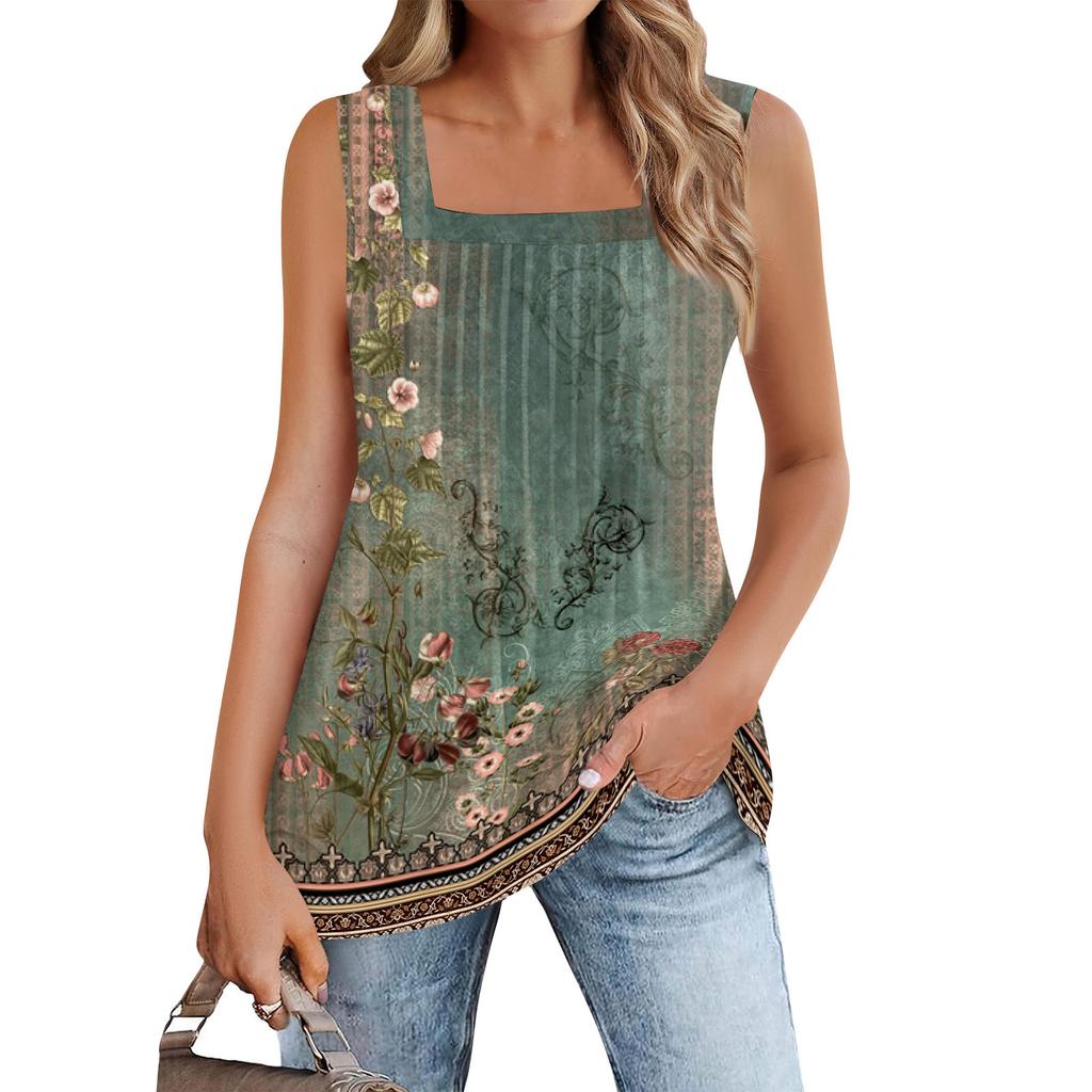 Майка для женщин Летние наряды Без рукавов Блузки с принтом Повседневные свободные рубашки Плиссированные квадратные вырезы