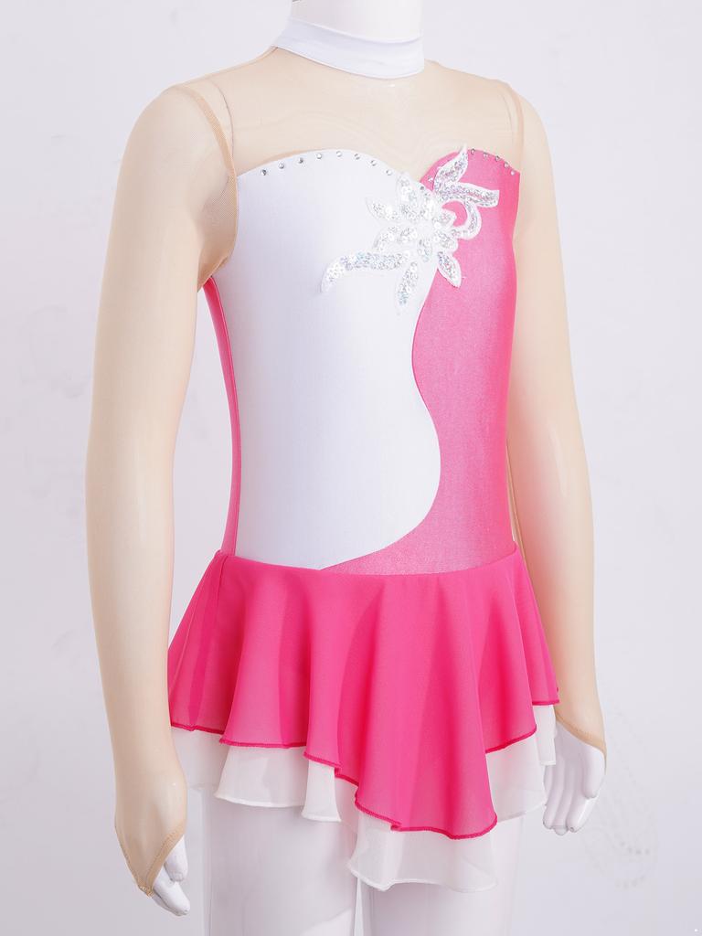 Детская танцевальная одежда с длинными рукавами для девочек, сетчатое лоскутное платье с блестками для катания на коньках, гимнастическое трико, платье