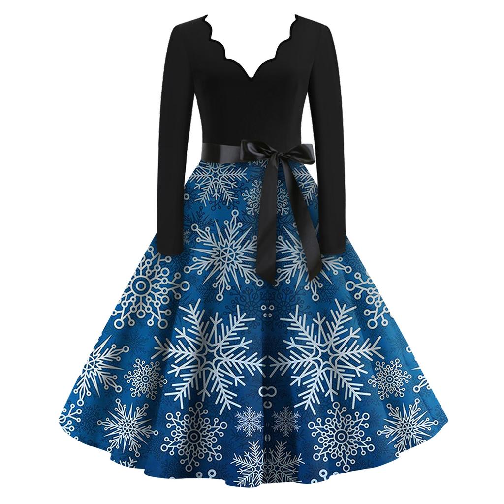 Женские модные повседневные тонкие рождественские платья с длинным рукавом с v-образным вырезом и принтом