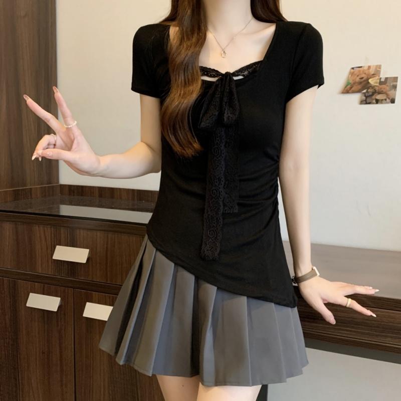 Летние женские однотонные пуловеры с коротким рукавом и круглым вырезом, корейские футболки с кружевом и лентами, топы y2k, женские приталенные футболки из чистого хлопка