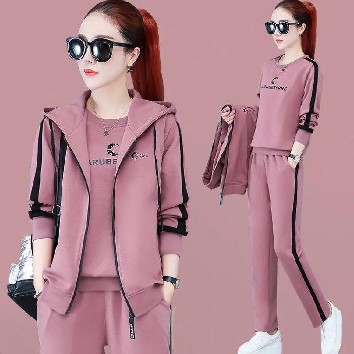 Women's Spring and Autumn Plus Size Round Neck Sweatshirt + Hooded Vest + Casual Trousers Sports Three Piece Set