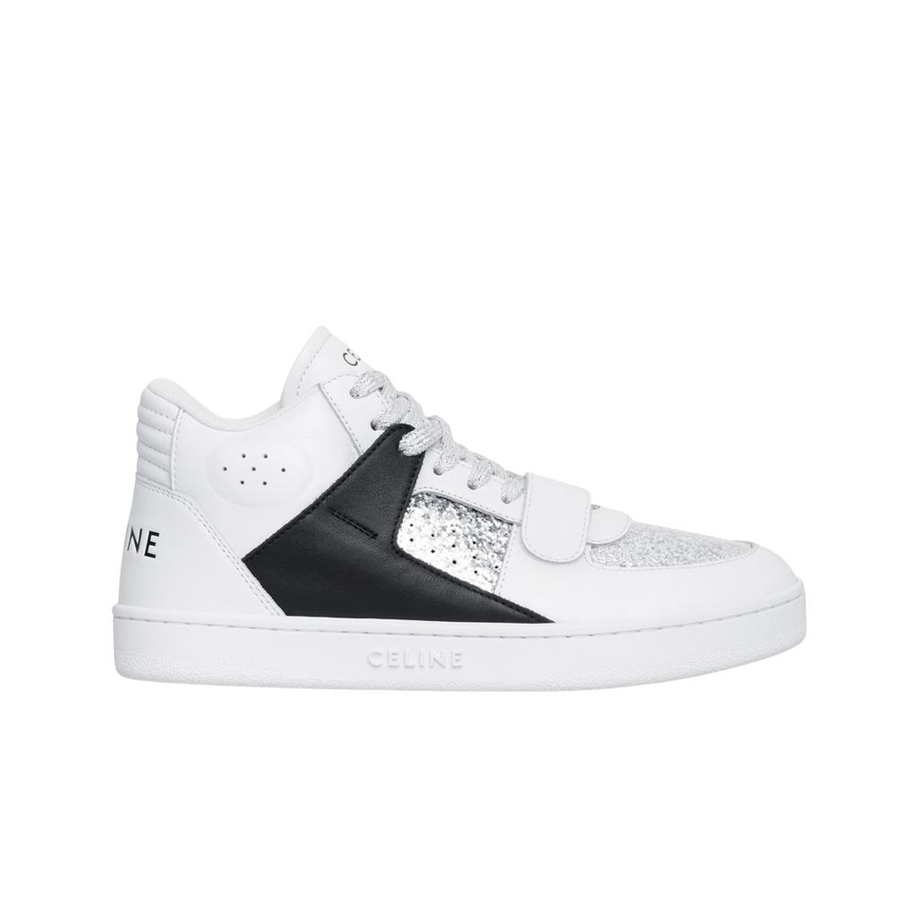 Celine Ct-02 Mid Sneaker With Scratch In Calfskin & Patent Glitter Optic White Silver Black