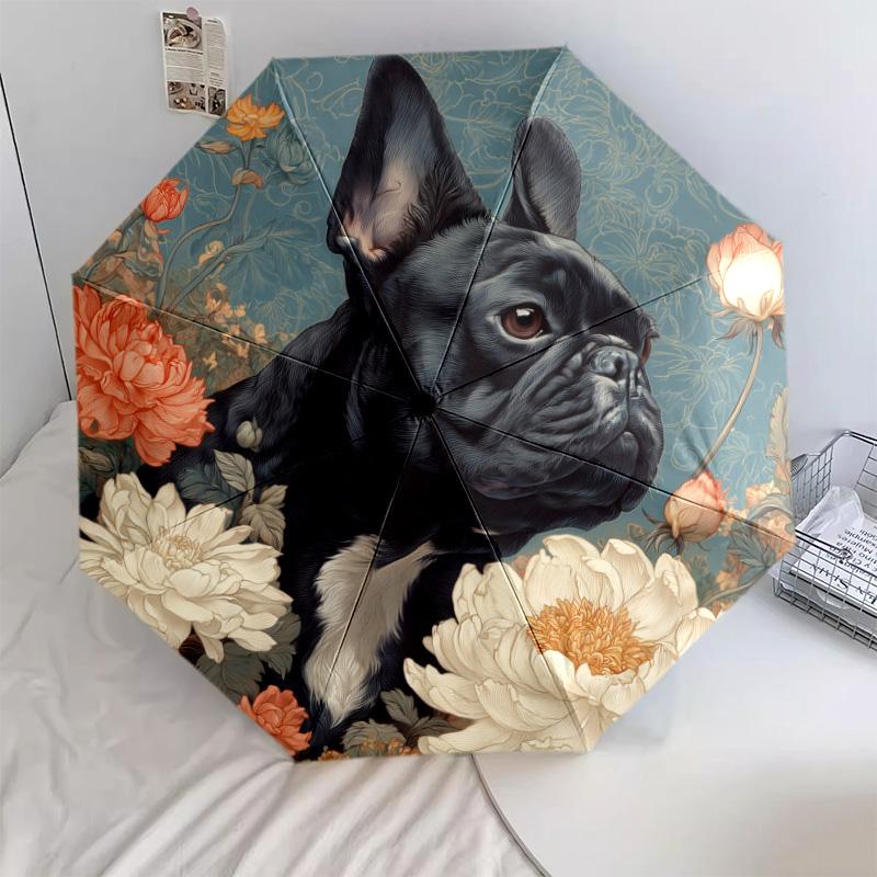 0106 Черный зонт-трость с цветочным узором и изображением собаки, автоматический складной, портативный и компактный дизайн, 8 спиц, рождественский или подарочный вариант.