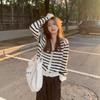 Striped V-neck Knitted Cardigan Small Coat Women's Autumn and Winter Loose Outer Sweater Lazy Retro Long-sleeved Top