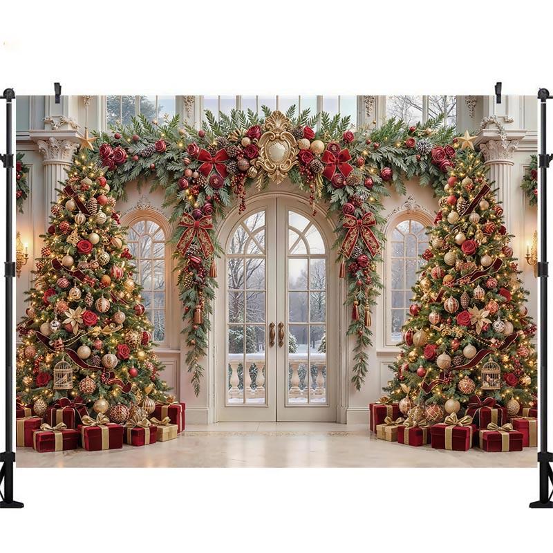 LS Christmas Window Trees Backdrops Kids Baby Photography Props Child Photocall Decors Fireplace Snowy Scene Backgrounds