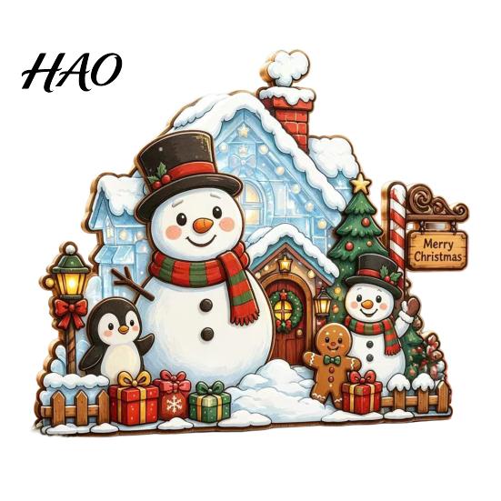 Handcrafted Wood Santa Decor Christmas Wooden House Ornament, Claus/Snowman/Elk Sleds/Winter Cabins Indoor Winter Cabin Ornaments Scene Figurines,